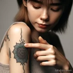 A girl delicately touching the sensitive skin near her tattoo, illustrating long-term sensitivity 2 09112023 tatufoto.com 055