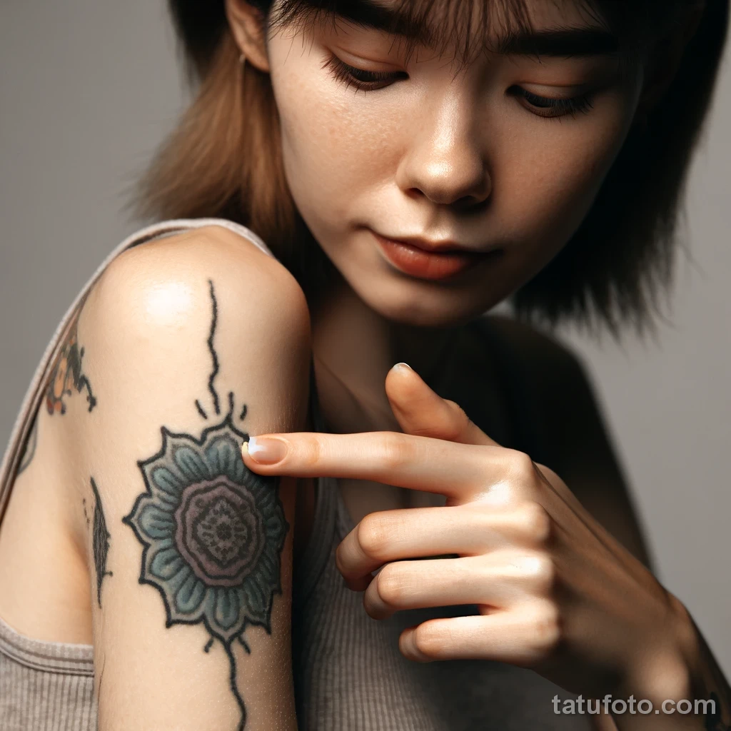 A girl delicately touching the sensitive skin near her tattoo, illustrating long-term sensitivity 2 09112023 tatufoto.com 055