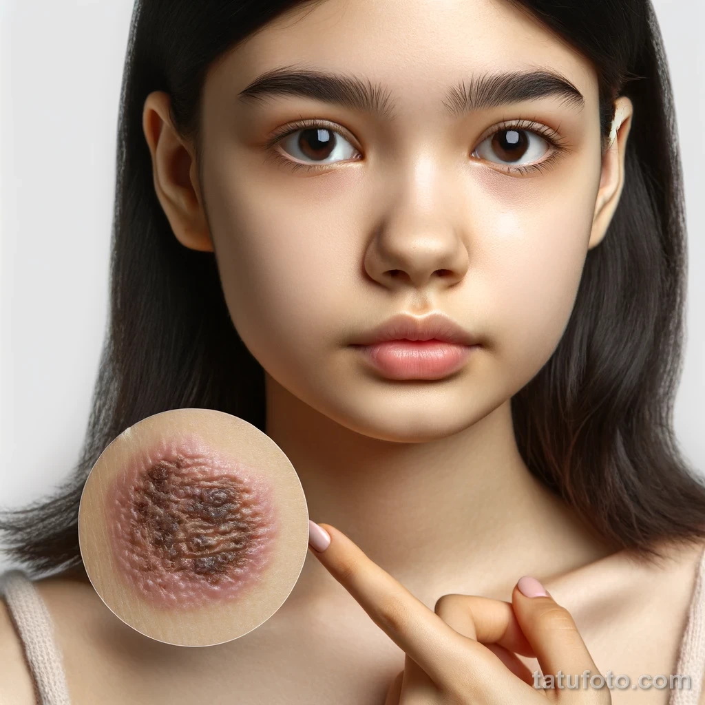 A girl showing the area of a removed tattoo with a keloid scar, demonstrating the risks of complications 1 09112023 tatufoto.com 056