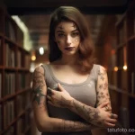Фото тату на руках и лице девушки, окруженной книжными полками. Рисунок татуировки включает звезды и абстрактные узоры.