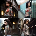 Коллаж из четырех фотографий девушек с масштабными японскими татуировками на теле, демонстрирующими красочные сюжеты.