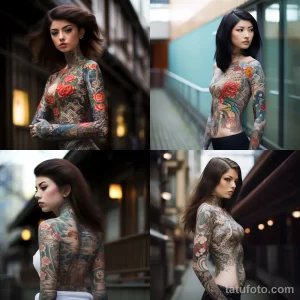 Коллаж из четырех фотографий девушек с масштабными японскими татуировками на теле, демонстрирующими красочные сюжеты.