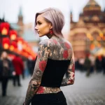 Фото тату на спине и руках девушки с яркими красными цветами, абстрактными узорами и другими элементами. Красивый рисунок татуировки для любителей ярких и оригинальных дизайнов.