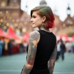 Фото тату на руке девушки с изображением старинного города и красных роз. Красивый рисунок татуировки для любителей архитектуры и цветов.