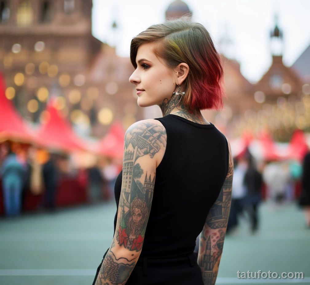 A girl with elegant tattoos on her arms and back poses against the backdrop of Red Square in Moscow 3 - 08112023 tatufoto.com 31
