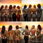 A group of beautiful women on a beach at sunset, showing off large back tattoos with oceanic themes 1 - 07,11,2023 tatufoto.com