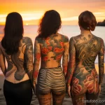 A group of beautiful women on a beach at sunset, showing off large back tattoos with oceanic themes 4 - 07,11,2023 tatufoto.com