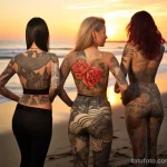 A group of beautiful women on a beach at sunset, showing off large back tattoos with oceanic themes 5 - 07,11,2023 tatufoto.com