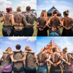A group of friends with matching large, ornate mandala tattoos on their backs, celebrating at a festival 1 - 07,11,2023 tatufoto.com