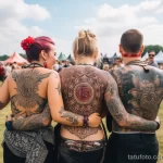 A group of friends with matching large, ornate mandala tattoos on their backs, celebrating at a festival 3 - 07,11,2023 tatufoto.com