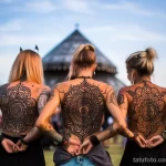 A group of friends with matching large, ornate mandala tattoos on their backs, celebrating at a festival 4 - 07,11,2023 tatufoto.com