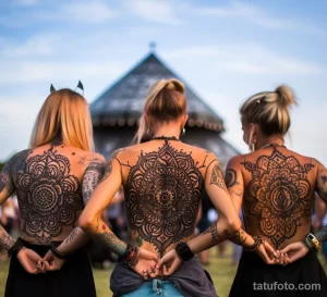 Фотография группы девушек с татуировками на спине, держащихся за руки на фоне заката. Идеально для поиска идей для тату на спине.