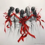Фото тату с изображением пяти девушек, стоящих спиной к зрителю и связанных красной лентой. Эскиз татуировки выполнен в графическом стиле с элементами брызг краски.