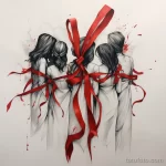 Фото тату: девушки, связанные красной лентой, черно-белый рисунок, брызги краски, элегантный стиль, татуировка на спине.