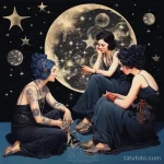 A group of women, each with large tattoos of different celestial bodies, stargazing on a clear night 2 - 07,11,2023 tatufoto.com
