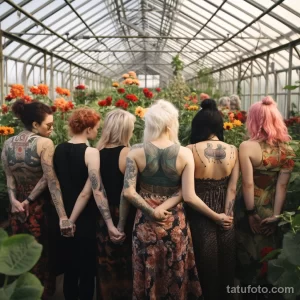 Фотография группы девушек с татуировками на спине, стоящих спиной к камере в теплице, окруженных цветами. Идеально для поиска идей для тату на спине.