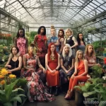 A group of women with large, colorful tattoos of different flowers, gathered in a lush greenhouse 3 - 07,11,2023 tatufoto.com