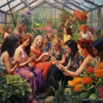 A group of women with large, colorful tattoos of different flowers, gathered in a lush greenhouse 5 - 07,11,2023 tatufoto.com