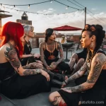 A group of women with various large tattoos, including tribal designs, enjoying a rooftop party in an urban setting 2 - 07,11,2023 tatufoto.com