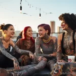 A group of women with various large tattoos, including tribal designs, enjoying a rooftop party in an urban setting 3 - 07,11,2023 tatufoto.com