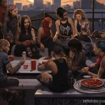 A group of women with various large tattoos, including tribal designs, enjoying a rooftop party in an urban setting 5 - 07,11,2023 tatufoto.com