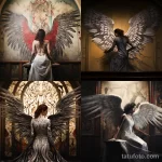 A lady with a full-back tattoo of an angelic figure, her wings extending gracefully, captured in a serene chapel 1 - 07,11,2023 tatufoto.com