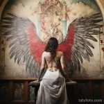 A lady with a full-back tattoo of an angelic figure, her wings extending gracefully, captured in a serene chapel 2 - 07,11,2023 tatufoto.com