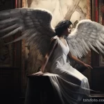 A lady with a full-back tattoo of an angelic figure, her wings extending gracefully, captured in a serene chapel 5 - 07,11,2023 tatufoto.com