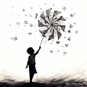 Черно-белое фото тату с изображением ребенка, держащего ветряную мельницу, окруженного летящими листьями. Детализированный рисунок татуировки в графическом стиле.