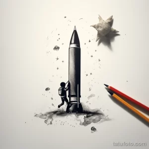 Черно-белое фото тату с изображением космонавта, толкающего ракету. Детализированный рисунок татуировки в графическом стиле, с добавлением карандашных набросков и звезд.