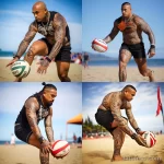 A man with Polynesian tattoos on his leg and arm plays beach volleyball, showing how the tattoo fits naturally into his active and energetic lifestyle 1 - 07112023 tatufoto.com 43