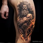 Фото тату мужчины с пылающими волосами и бородой на бедре. Яркие цвета и реалистичная детализация.