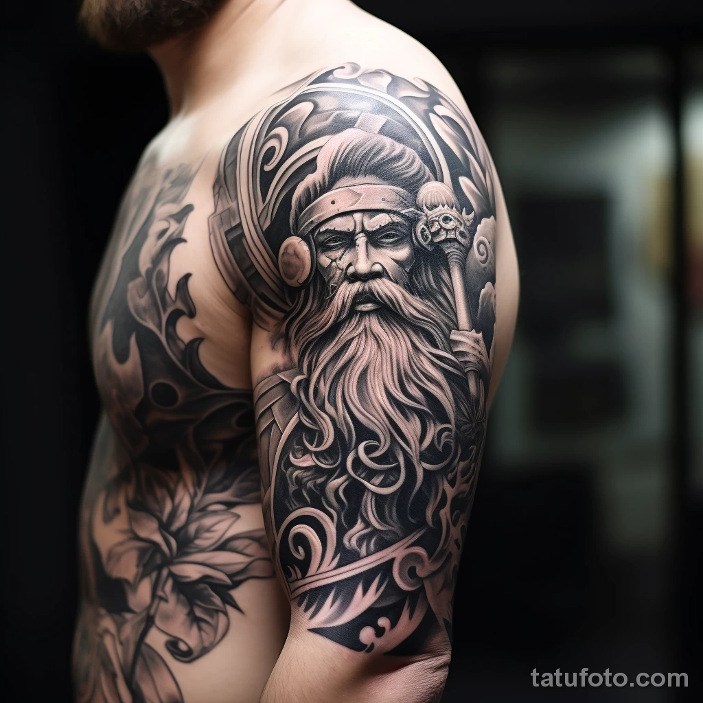 A man with a sleeve tattoo of the Hawaiian god Ku as bc a adbacf 1 2 271123 tatufoto.com