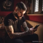A man with arm tattoos scrolling through Instagram o d bb bba debbd 171123 tatufoto.com