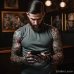 A man with arm tattoos scrolling through Instagram o d bb bba debbd _1 171123 tatufoto.com