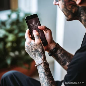 Фотография мужчины с татуировками на руках, держащего телефон. Татуировки выполнены в черно-белой гамме.