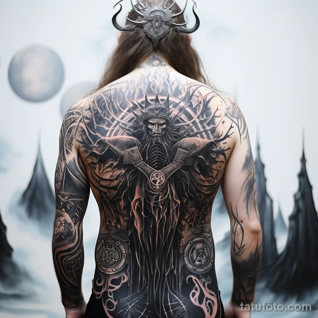 A person with a back tattoo of the Norse god Heimdal aedf ef fe cc bdbbbb _1_2_3 271123 tatufoto.com