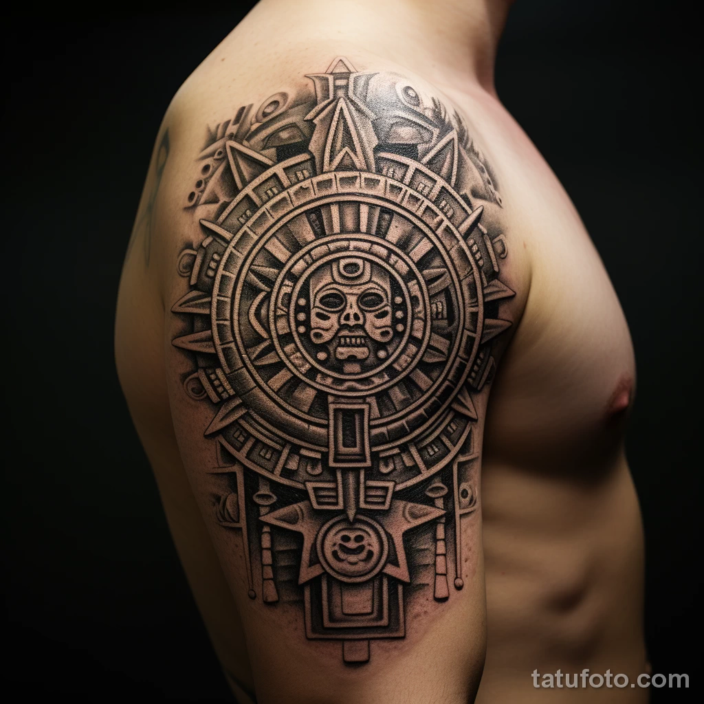 A person with a tattoo of the Aztec sun stone detail dfda aa d a dda 271123 tatufoto.com