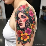 A shot of a girl in the style of a neo-traditional tattoo, with bright flowers around her, where the name on her forehead merges with the overall floral pattern 2 - 07,11,2023 tatufoto.com