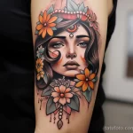 A shot of a girl in the style of a neo-traditional tattoo, with bright flowers around her, where the name on her forehead merges with the overall floral pattern 3 - 07,11,2023 tatufoto.com