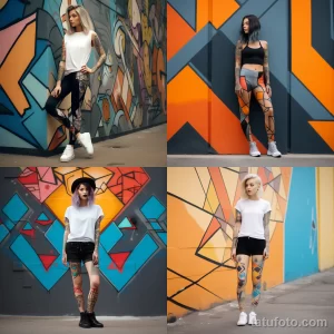 Коллаж из четырех фотографий девушек с геометрическими татуировками на теле. Современный дизайн татуировок, яркие цвета и стильные образы.