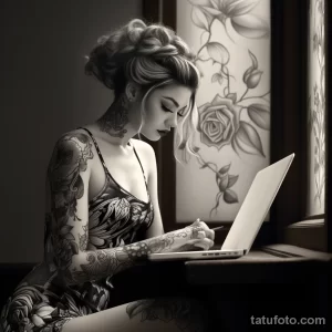 Фотография девушки с татуировками на руках и шее, работающей за ноутбуком. Татуировки выполнены в черно-белой гамме.