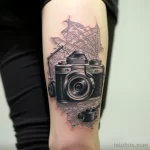 Фото тату на предплечье с изображением старинного фотоаппарата на фоне карты города. Черно-белый рисунок с высокой детализацией.