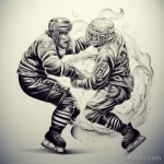 Эскиз татуировки, изображающий двух хоккеистов в динамичном поединке. Рисунок выполнен в черно-белой графике с добавлением эффекта дыма.