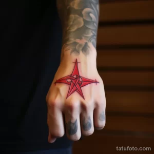 Фото тату: красная звезда с тонкими линиями на руке. Минималистичный рисунок татуировки, выполненный в ярком цвете.