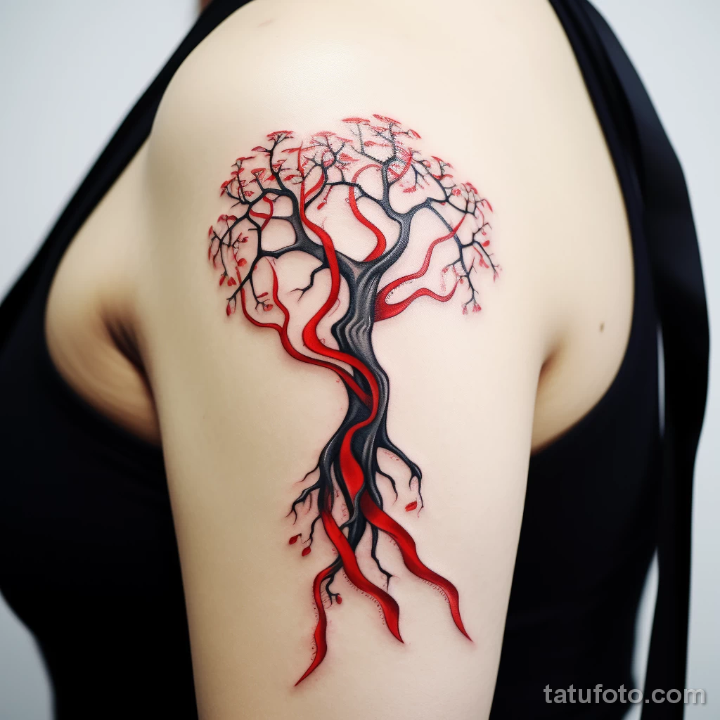A tattoo with a red ribbon integrated into a tree afcc a beb df _1 231123 tatufoto.com