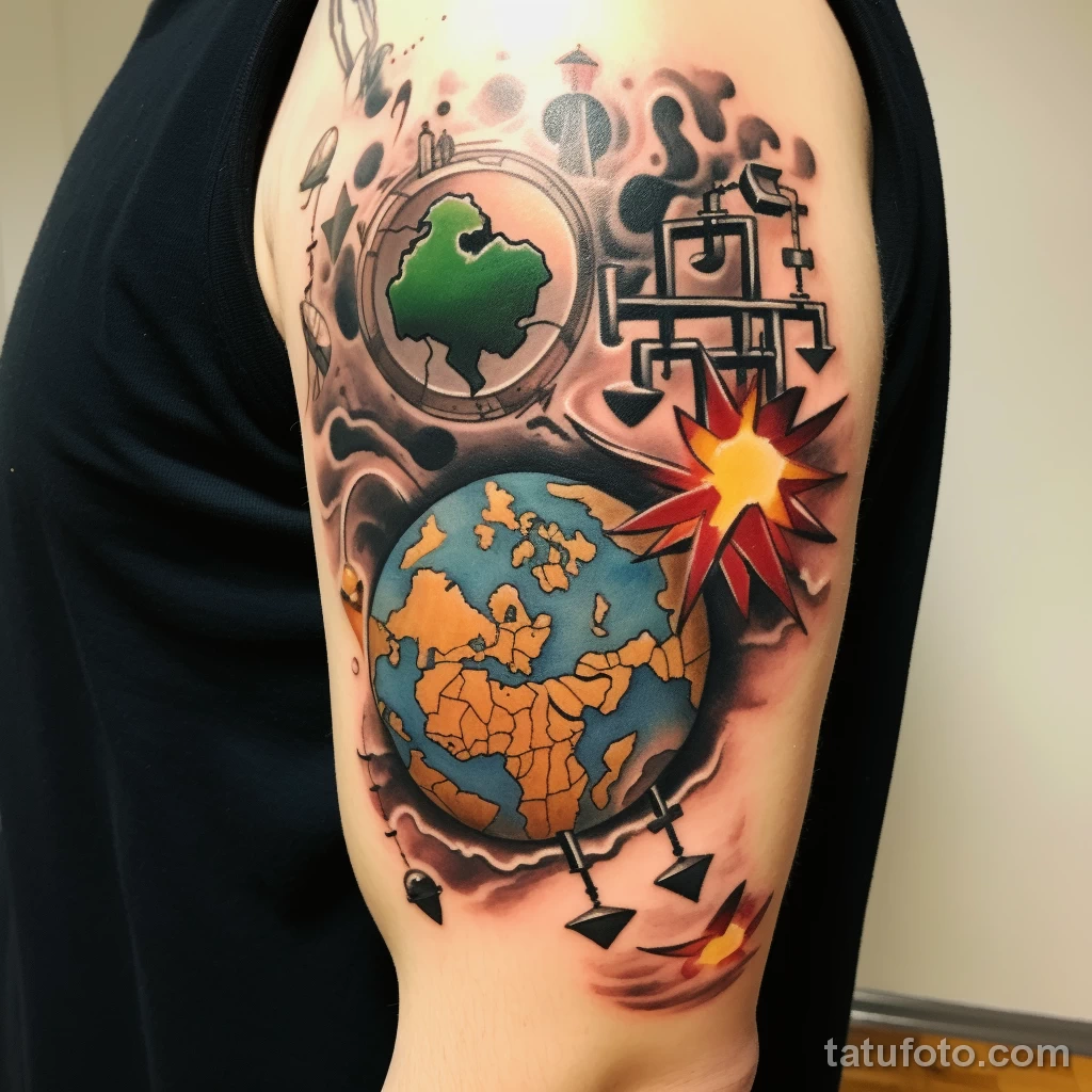 A tattoo with the globe and puzzle pieces surroundin cae c bf dbd _1_2_3_4 231123 tatufoto.com