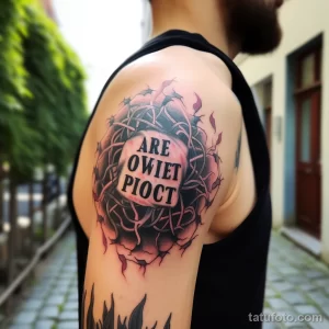 Фото тату на плече: терновый венок с надписью в стиле blackwork. Графичный и детализированный рисунок татуировки.