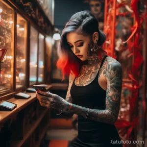 Фотография девушки с темными волосами и татуировками на шее и руках, смотрящей вниз на телефон.