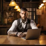 Фото мужчины с татуировками на руках, работающего за ноутбуком в кафе. Он одет в белую рубашку и жилет.